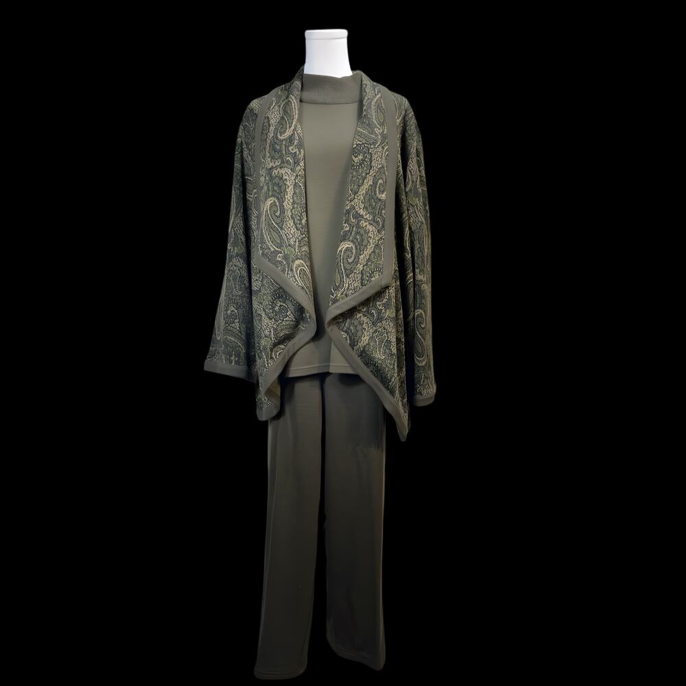 Vintage Nina Leonard 3 piece Knit Set Olive Green Paisley Pants Cardigan Large L